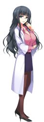 Rule 34 | 1girl, absurdres, black hair, bracelet, breasts, cleavage, full body, glasses, green eyes, high heels, highres, jewelry, lab coat, large breasts, long hair, looking at viewer, non-web source, open mouth, pantyhose, pencil skirt, reminiscence, reminiscence re:collect, skirt, smile, solo, standing, sugimura kanami, tomose shunsaku, transparent background