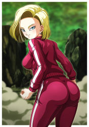 Rule 34 | 1girl, android 18, ass, blonde hair, blue eyes, dragon ball, dragonball z, earrings, gym uniform, highres, jewelry, looking at viewer, looking back, mountain, sano br