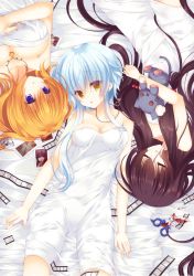 Rule 34 | 3girls, :o, bare arms, bare shoulders, bed sheet, blood, blue hair, breasts, broken, brown hair, cleavage, closed eyes, collarbone, cross, eyes visible through hair, film strip, from above, hair between eyes, hair bobbles, hair intakes, hair ornament, head tilt, highres, holding, holding stuffed toy, jewelry, key, large breasts, long hair, looking at viewer, lying, medium breasts, multiple girls, necklace, on back, orange hair, original, parted lips, photo (object), purple eyes, scissors, short hair with long locks, slit pupils, stain, stained sheets, stuffed animal, stuffed cat, stuffed toy, stuffing, suzunone rena, triangle mouth, under covers, upside-down, very long hair, yellow eyes