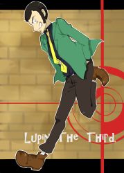 Rule 34 | 1boy, arsene lupin iii, black hair, character name, copyright name, crosshair, full body, green jacket, grin, hands in pockets, jacket, lupin iii, male focus, nolonolo146, smile, solo
