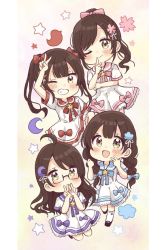 Rule 34 | 4girls, :d, ;), ahoge, arm up, black-framed eyewear, blue bow, blue sailor collar, blush, bow, braid, brown hair, cherry blossoms, chibi, closed mouth, commentary request, covered mouth, crescent, crescent hair ornament, double v, dress, duck hair ornament, flower, grin, hair between eyes, hair bow, hair flower, hair ornament, high ponytail, highres, index finger raised, long hair, multiple girls, one eye closed, open mouth, original, pink bow, pink flower, pink sailor collar, pleated dress, ponytail, purple bow, purple sailor collar, red bow, red sailor collar, sailor collar, sailor dress, sakura oriko, semi-rimless eyewear, short sleeves, smile, star (symbol), twin braids, twintails, under-rim eyewear, v, very long hair, white dress