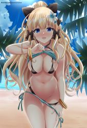 Rule 34 | 1girl, aqua bikini, bikini, black bow, blonde hair, blue eyes, blush, bow, breasts, duplicate, elf, flower, hair bow, hair ornament, helvetica std, highres, large breasts, layered bikini, long hair, looking at viewer, open mouth, pointy ears, ponytail, princess connect!, saren (princess connect!), saren (summer) (princess connect!), solo, swimsuit