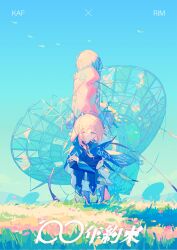 Rule 34 | 2girls, abandoned, back-to-back, black jacket, black pantyhose, blue cloak, blue eyes, blue sky, boots, bouquet, character name, cloak, commentary, corrupted twitter file, facing away, fagun yibei, falling petals, field, floating hair, flower, from side, hair over shoulder, head tilt, highres, holding, holding bouquet, hood, hood down, hooded cloak, hooded jacket, hugging own legs, jacket, kaf (kamitsubaki studio), kamitsubaki studio, long sleeves, looking at viewer, low ponytail, multicolored eyes, multiple girls, one eye closed, outdoors, pantyhose, petals, pink eyes, pink flower, pink hair, red jacket, rim (kamitsubaki studio), satellite dish, sidelighting, skirt, sky, squatting, standing, star (sky), symbol-only commentary, translation request, virtual youtuber, white skirt, wide shot, wind, yellow flower, yellow pupils