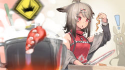 Rule 34 | !, 0 0, 2girls, :o, amiya (arknights), animal ears, arknights, arm up, bare shoulders, blush, brown hair, cooking, cutter (arknights), cutting board, food, fox ears, fox tail, gradient hair, grey jacket, hair ornament, hairclip, hellnyaa, highres, holding, holding food, holding knife, jacket, jewelry, knife, long sleeves, multicolored hair, multiple girls, necklace, open clothes, open jacket, open mouth, pot, rabbit ears, red eyes, red shirt, shirt, solo focus, spring (season), surprised, tail, tentacles, upper body, x hair ornament