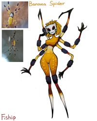 Rule 34 | 1girl, absurdres, arthropod girl, arthropod limbs, artist name, banana spider, black sclera, blonde hair, bug, closed mouth, colored sclera, colored skin, extra arms, fewer digits, highres, insect girl, looking at viewer, matilda fiship, monster girl, no feet, original, short hair, simple background, smile, solo, spider, spider girl, white background, yellow skin