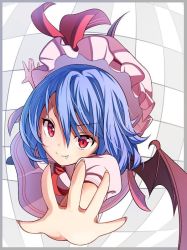 Rule 34 | &gt;:), 1girl, ascot, bat wings, blue hair, blush, closed mouth, dress, dutch angle, fang, foreshortening, hat, hat ribbon, looking at viewer, mob cap, oimo (imoyoukan), outstretched arm, pink dress, puffy short sleeves, puffy sleeves, reaching, reaching towards viewer, red eyes, red ribbon, remilia scarlet, ribbon, short hair, short sleeves, smile, solo, touhou, v-shaped eyebrows, wings