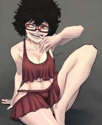 Rule 34 | 1girl, absurdres, bare shoulders, black clover, black hair, breasts, female focus, glasses, highres, large breasts, limn044, looking to the side, midriff, navel, red eyes, sally (black clover), short hair, solo, thick thighs, thighs