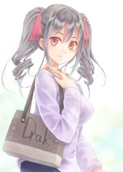 Rule 34 | 1girl, bag, blush, breasts, brown eyes, casual, commentary request, drill hair, grey hair, hair ribbon, handbag, idolmaster, idolmaster cinderella girls, kanzaki ranko, large breasts, light blush, long hair, looking at viewer, looking to the side, minasato hibiki, purple ribbon, ribbon, smile, solo, twin drills, twintails, upper body, white background
