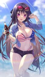 Rule 34 | 1girl, :d, american flag bikini, american flag print, ao no kanata no four rhythm, arm up, bikini, black hair, black ribbon, black shorts, blue jacket, blue shirt, blue sky, blurry, blurry background, blush, bottle, breasts, cleavage, coca-cola, collarbone, collared shirt, commentary request, commission, cowboy shot, curvy, day, emanon123, eyewear on head, flag print, floating hair, frilled ribbon, frills, hair between eyes, hair ornament, hair ribbon, happy, highres, holding, holding bottle, jacket, large breasts, lens flare, lips, long hair, long sleeves, looking at viewer, midriff, navel, open clothes, open jacket, open mouth, outdoors, print bikini, purple eyes, ribbon, second-party source, shirt, short shorts, shorts, sideboob, sidelighting, skeb commission, sky, sleeves rolled up, smile, solo, standing, stomach, sunglasses, swimsuit, thigh gap, thighs, tobisawa misaki, underboob, very long hair, x hair ornament