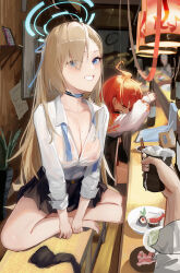 Rule 34 | 1boy, 2girls, absurdres, ahoge, alcohol, asuna (blue archive), barefoot, black skirt, blonde hair, blue archive, blue choker, blue halo, blurry, blurry background, bottle, breasts, choker, collarbone, collared shirt, crossed legs, cup, depth of field, eyelashes, feet on chair, floral print, food, hair over one eye, halo, hands on own feet, highres, holding, holding cup, indoors, jacket, large breasts, legs, looking at viewer, miniskirt, mole, mole on breast, multiple girls, necktie, neru (blue archive), orange hair, parted bangs, plate, pleated skirt, pov, restaurant, see-through, see-through shirt, sensei (blue archive), shadow, shirt, sitting, skirt, sokiu (dongxiasokiu), sushi, toes, undone necktie, wet, wet clothes, wet shirt, white shirt
