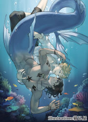 Rule 34 | 2boys, air bubble, animal, arm tattoo, black pants, blonde hair, blue background, blue eyes, bracelet, brown hair, bubble, chest tattoo, collared shirt, commission, completely nude, coral, coral reef, dark-skinned male, dark skin, ear piercing, earrings, facial hair, fins, fish, floating hair, full body, grin, jewelry, long sleeves, looking at another, male focus, merman, monster boy, multiple boys, necklace, neko miya, nude, open clothes, open mouth, original, pants, pendant, piercing, ring, scar, scar across eye, scar on stomach, sharp teeth, shirt, short hair, smile, stubble, swimming, tattoo, teeth, toned, toned male, underwater, upside-down, white shirt, yaoi
