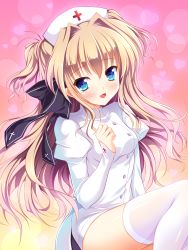 Rule 34 | 1girl, :d, black ribbon, blonde hair, blue eyes, blush, breasts, buttons, cross print, eyebrows, gradient background, hair between eyes, hair intakes, hair ribbon, hat, heart, highres, juliet sleeves, lens flare, long hair, long sleeves, looking at viewer, mashiroiro symphony, nurse, nurse cap, open mouth, pink background, puffy sleeves, ribbon, sena airi, sitting, smile, solo, thighhighs, two-tone background, two side up, white thighhighs, yagami-all hail nanao
