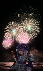 Rule 34 | 1girl, aerial fireworks, ahoge, alternate costume, backlighting, bag, blue eyes, blue hair, blue kimono, blurry, blush, candy apple, commentary, cowboy shot, depth of field, dokusanchu, eel hat, fang, fireworks, floral print, food, hair ribbon, half-closed eyes, hands up, highres, holding, holding food, japanese clothes, kimono, lace, long hair, looking at viewer, low twintails, night, obi, obijime, open mouth, otomachi una, outdoors, outstretched hand, print kimono, ribbon, sash, shoulder bag, skin fang, smile, solo, twintails, v, very long hair, vocaloid, water yoyo, white ribbon, wide sleeves