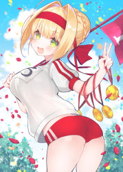 Rule 34 | 1girl, :d, ass, blonde hair, blue sky, blush, braid, breasts, buruma, cloud, cloudy sky, confetti, day, fate/grand order, fate (series), flag, french braid, from behind, green eyes, gym shirt, gym uniform, hair bun, hair intakes, hand up, headband, holding, holding flag, large breasts, looking at viewer, looking back, medal, name tag, nero claudius (fate), nero claudius (fate) (all), nero claudius (fate/extra), nero claudius (olympian bloomers) (fate), official alternate costume, open mouth, outdoors, red buruma, shirt, sidelocks, single hair bun, sky, smile, solo, suzuho hotaru, thighs, twisted torso, v