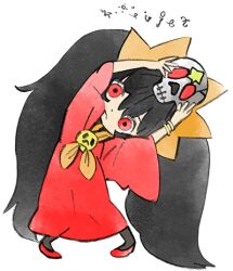 Rule 34 | 1girl, ashley (warioware), black hair, dress, hair ornament, holding, holding skull, long hair, looking at viewer, lowres, nintendo, official art, red dress, red eyes, red footwear, serious, skull, skull ornament, star (symbol), takeuchi kou, third-party source, twintails, warioware, warioware: get it together!