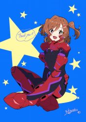 Rule 34 | 1girl, aijou karen, black bodysuit, blue background, blush, bodysuit, breasts, bright pupils, brown eyes, brown hair, commentary, commission, cosplay, crown hair ornament, english commentary, english text, fortified suit, heart, indian style, kamon rider, muv-luv, muv-luv alternative, open mouth, pilot suit, shoujo kageki revue starlight, sitting, skeb commission, small breasts, smile, solo, speech bubble, star (symbol), tsukuyomi mana, tsukuyomi mana (cosplay), two side up, white pupils
