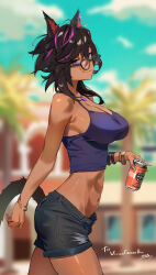 Rule 34 | 1girl, absurdres, animal ears, black-framed eyewear, black hair, blue camisole, blurry, blurry background, bracelet, breasts, camisole, can, cat ears, cat tail, cleavage, commission, cowboy shot, dark-skinned female, dark skin, denim, denim shorts, final fantasy, final fantasy xiv, from side, glasses, highres, holding, holding can, ibaraki shun, jewelry, large breasts, long hair, looking at viewer, midriff, miqo&#039;te, multicolored hair, pendant, purple eyes, shorts, skeb commission, smile, solo, streaked hair, tail, two-tone hair, warrior of light (ff14)