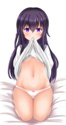 Rule 34 | 1girl, akatsuki (kancolle), bed sheet, black sailor collar, blush, bow, bow panties, closed mouth, clothes in mouth, clothes lift, commentary request, groin, hair between eyes, kantai collection, lifting own clothes, long hair, michou, mouth hold, navel, no pants, panties, purple eyes, purple hair, sailor collar, school uniform, seiza, serafuku, shirt, shirt in mouth, shirt lift, sitting, solo, underwear, very long hair, white background, white panties, white shirt