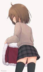 Rule 34 | 1girl, :o, ahoge, black thighhighs, blush, brown hair, capelet, capelet removed, centi mnkt, fur-trimmed capelet, fur trim, grey background, grey skirt, grey sweater, hair between eyes, highres, original, panties, parted lips, pink panties, plaid, plaid skirt, profile, red capelet, red eyes, ribbed sweater, simple background, skirt, solo, standing, sweater, thighhighs, turtleneck, turtleneck sweater, underwear