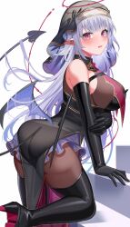 Rule 34 | 1girl, absurdres, amahara subaru, ass, black dress, black gloves, blush, boots, breasts, demon tail, dress, ear piercing, elbow gloves, gloves, grey hair, halo, high heel boots, high heels, highres, holding own arm, large breasts, long hair, looking at viewer, original, pantyhose, parted lips, piercing, pink eyes, pointy ears, simple background, solo, tail, tail ornament, tail piercing, thigh boots, veil, very long hair, white background