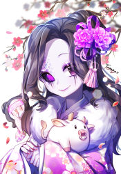 Rule 34 | 2girls, artist name, black hair, black sclera, blindfold, blurry, blurry background, branch, colored sclera, cow, eyeshadow, floral print, flower, follower (identity v), fur collar, hair flower, hair ornament, holding, identity v, japanese clothes, kanzashi, kimono, long hair, looking at viewer, makeup, mismatched sclera, multiple girls, nail polish, new year, pale skin, petals, pink flower, print kimono, purple eyes, purple eyeshadow, purple flower, purple kimono, purple nails, red flower, scales, signature, simple background, sleeves past wrists, smile, solo focus, tassel, tempy (rinsia), white background, yidhra