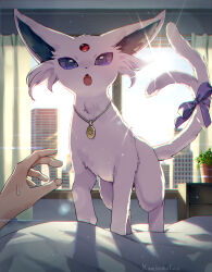Rule 34 | artist name, bed, bed sheet, blurry, blurry background, building, cityscape, creatures (company), curtains, espeon, fangs, flower pot, game freak, gen 2 pokemon, hand up, highres, jewelry, kaminokefusa, light particles, light rays, necklace, nekomata, nintendo, on bed, open mouth, pokemon, pokemon (creature), purple ribbon, ribbon, sun, sweatdrop, window