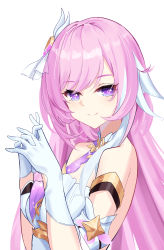 Rule 34 | 1girl, absurdres, closed mouth, czk, elysia (herrscher of human:ego) (honkai impact), elysia (honkai impact), from side, gloves, hair ornament, highres, honkai (series), honkai impact 3rd, interlocked fingers, long hair, looking at viewer, looking to the side, own hands together, pink hair, purple eyes, simple background, smile, solo, upper body, white background, white gloves
