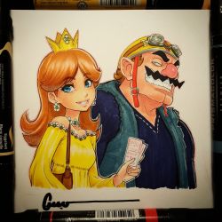 Rule 34 | 1boy, 1girl, adapted costume, bag, blue eyes, blue vest, blush, card, choker, couple, crown, dress, earrings, eyebrows, facial hair, flower earrings, goggles, goggles on head, grin, handbag, helmet, highres, holding, holding card, jewelry, long hair, long sleeves, mario (series), marker (media), mustache, nintendo, omar dogan, open clothes, open vest, orange hair, over shoulder, paper, photo (medium), pink lips, princess daisy, signature, smile, super mario land, sweater, teeth, thick eyebrows, traditional media, upper body, vest, wario, warioware, yellow dress