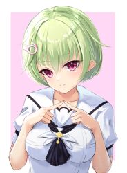 Rule 34 | 1girl, absurdres, ascot, black ascot, blush, border, breasts, closed mouth, commentary request, crocodile hair ornament, eyelashes, green hair, hair between eyes, hands up, head tilt, highres, large breasts, looking at viewer, ncontrail (mgax7527), nomura miki, pink background, pink eyes, puffy short sleeves, puffy sleeves, sailor collar, school uniform, seductive smile, shirt, short hair, short sleeves, sidelighting, smile, solo, steepled fingers, summer pockets, upper body, white border, white sailor collar, white shirt