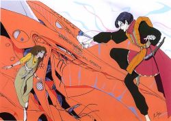 Rule 34 | 1boy, 1girl, armor, belt, black hair, brown hair, cape, five star stories, from side, jagd mirage, jagd mirage orange right, ladios sopp, long sleeves, machinery, mecha, mortar headd, nagano mamoru, outstretched arm, pants, profile, robot, spector, standing, sweater vest