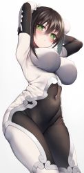 Rule 34 | 1girl, armpits, arms behind head, arms up, black hair, blush, bodysuit, breasts, bun cover, chinese clothes, closed mouth, covered erect nipples, covered navel, cowboy shot, double bun, fate/grand order, fate (series), from below, gloves, green eyes, hair between eyes, hair bun, highres, hime gyo, large breasts, looking at viewer, looking down, qin liangyu (fate), sidelocks, simple background, skin tight, solo, standing, white background