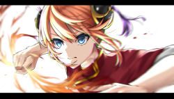 Rule 34 | 1girl, absurdres, black border, blue eyes, border, bun cover, clenched hand, closed mouth, fire, floating hair, gintama, hair between eyes, highres, kagura (gintama), letterboxed, motion blur, orange hair, portrait, short hair, short sleeves, solo, utyujin alian, white background