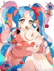 Rule 34 | &gt; &lt;, 1girl, :d, blue hair, candy, commentary request, creatures (company), eyelashes, fairy miku (project voltage), food, game freak, gen 1 pokemon, hanabusaoekaki, hatsune miku, highres, jigglypuff, lollipop, looking ahead, multicolored hair, nintendo, open mouth, pink hair, pokemon, pokemon (creature), project voltage, red eyes, simple background, sitting, smile, solo, twintails, two-tone hair, vocaloid, white background, xd