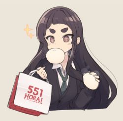 Rule 34 | + +, 1girl, bag, baozi, black cardigan, blush, breasts, brown background, brown eyes, brown hair, cardigan, collared shirt, commentary request, cropped torso, food, green necktie, hands up, holding, holding bag, holding food, kuranami shiki, long hair, long sleeves, mouth hold, natsuki teru, necktie, original, paper bag, shirt, shopping bag, short eyebrows, simple background, sleeves past wrists, small breasts, solo, sparkle, thick eyebrows, upper body, v-shaped eyebrows, very long hair, white shirt