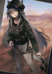 Rule 34 | 1girl, absurdres, animal ears, arknights, black hat, black jacket, black shirt, bow (weapon), cat ears, cat girl, cat tail, collarbone, commentary, crossbow, ears through headwear, feet out of frame, female focus, grey hair, grey pantyhose, hair over one eye, hat, headset, highres, holding, holding crossbow, holding weapon, implied extra ears, jacket, kiyakyuu, looking at viewer, official alternate costume, outdoors, pantyhose, quiver, schwarz (arknights), schwarz (skyline) (arknights), shirt, solo, standing, tactical clothes, tail, thigh strap, weapon, yellow eyes