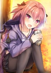 Rule 34 | 1boy, :d, against tree, astolfo (fate), astolfo (memories at trifas) (fate), autumn, autumn leaves, black bow, black pantyhose, black skirt, blush, bow, braid, collarbone, fang, fate/grand order, fate (series), food, hair bow, hair intakes, holding, holding food, hood, hood down, hooded jacket, jacket, jewelry, leaning forward, long hair, long sleeves, looking at viewer, male focus, miniskirt, multicolored hair, nail polish, necklace, official alternate costume, open mouth, outdoors, pantyhose, pendant, pink eyes, pink hair, pink nails, pom pom (clothes), purple jacket, shirt, single braid, sitting, skirt, smile, solo, streaked hair, striped clothes, striped shirt, sweet potato, taiki ken, trap, tree, very long hair, white hair, wrapper