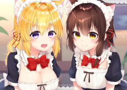 Rule 34 | 2girls, :d, animal ear fluff, animal ears, black dress, blonde hair, blush, border, bow, bowtie, breasts, brown eyes, brown hair, cat ears, cleavage, closed mouth, collar, commentary request, detached collar, dress, gyozanuko, hair between eyes, hair ribbon, highres, lace, lace border, large breasts, long hair, maribel hearn, multiple girls, open mouth, ornate border, puffy short sleeves, puffy sleeves, purple eyes, red neckwear, red ribbon, ribbon, short sleeves, small breasts, smile, teeth, touhou, upper teeth only, usami renko, white bow, white collar, wing collar