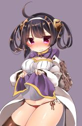 Rule 34 | 1girl, absurdres, ahoge, azur lane, black hair, black thighhighs, blush, breasts, chiitamu, china dress, chinese clothes, cleavage, closed eyes, closed mouth, clothes lift, commentary request, dress, dress lift, fingernails, fur-trimmed hood, fur trim, groin, hair ornament, hair rings, hairband, hairpin, highres, hood, hood down, hooded jacket, jacket, lifted by self, long sleeves, looking at viewer, medium breasts, navel, ning hai (azur lane), panties, puffy long sleeves, puffy sleeves, purple background, purple dress, purple eyes, red panties, side-tie panties, simple background, solo, sweat, thighhighs, thighs, underwear, white hairband, white jacket