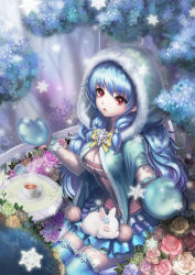 Rule 34 | 1girl, :o, animal, animal on lap, balcony, blue hair, blue thighhighs, bow, breasts, brooch, bush, bustier, cleavage, cloak, corset, cup, eyelashes, flower, frilled skirt, frills, fur trim, highres, hood, hooded cloak, hooded jacket, jacket, jewelry, layered skirt, linus falco, linus falco (sword girls), long hair, looking at viewer, lucky9, medium breasts, miniskirt, mittens, on lap, outdoors, pink flower, pink rose, pom pom (clothes), purple flower, purple rose, rabbit, railing, red eyes, rose, saucer, sitting, skirt, snowflakes, snowing, solo, sword girls, table, tea, teacup, thighhighs, tongue, yellow flower, yellow rose, zettai ryouiki