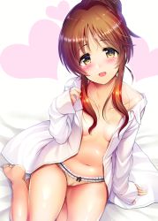 Rule 34 | 1girl, :d, barefoot, blush, breasts, brown hair, cameltoe, cleavage, cleft of venus, collarbone, dress shirt, frilled panties, frills, head tilt, heart, idolmaster, idolmaster cinderella girls, looking at viewer, ment, open clothes, open mouth, open shirt, panties, shirt, short hair with long locks, sidelocks, sitting, small breasts, smile, solo, takamori aiko, underwear, white background, white shirt, yellow eyes, yellow panties
