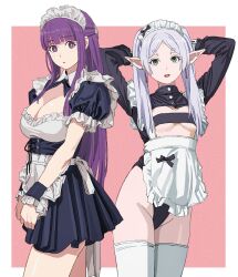 Rule 34 | 2girls, absurdres, alternate costume, apron, arms behind head, black ribbon, blunt bangs, blush, border, breasts, cleavage, clenched hands, cowboy shot, drop earrings, earrings, elf, enmaided, eyebrows, eyebrows hidden by hair, fern (sousou no frieren), frieren, green eyes, grey hair, groin, hair over shoulder, highres, jewelry, large breasts, light blush, long hair, long sleeves, looking at viewer, maid, maid apron, maid headdress, medium breasts, multiple girls, open mouth, outside border, parted bangs, pointy ears, purple hair, ribbon, shiren (ourboy83), sidelocks, simple background, sousou no frieren, standing, strapless, thick eyebrows, thighhighs, tube top, twintails, underboob, white border, white thighhighs, wrist cuffs