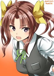 Rule 34 | 10s, 1girl, 2017, ahoge, artist name, breast pocket, brown hair, close-up, collared shirt, dated, gloves, gradient background, green ribbon, hair ribbon, hand on own hip, highres, kagerou (kancolle), kamelie, kantai collection, looking at viewer, neck ribbon, open mouth, orange background, parted bangs, pocket, ribbon, school uniform, shirt, simple background, solo, twintails, upper body, vest, white gloves, yellow ribbon