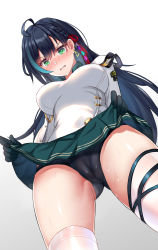 Rule 34 | 1girl, ahoge, black hair, black panties, blush, breasts, clothes lift, earrings, embarrassed, gloves, green eyes, hair ornament, highres, jewelry, lifted by self, lin (tower of fantasy), medium breasts, mole, mole under eye, panties, qi ye shao yan, skirt, skirt lift, sweat, tears, thighs, tower of fantasy, underwear, white background