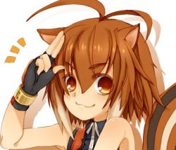 Rule 34 | :3, animal ears, antenna hair, arc system works, blazblue, blazblue: continuum shift, brown eyes, brown hair, fingerless gloves, gloves, lowres, makoto nanaya, portrait, salute, solo, squirrel ears, squirrel tail, tail