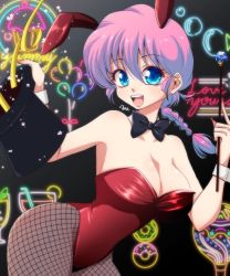 Rule 34 | 1girl, blue eyes, bow, bowtie, breasts, cleavage, hat, large breasts, long hair, nail polish, neon lights, open mouth, pantyhose, pink hair, playboy bunny, ponytail, rabbit ears, ranma-chan, ranma 1/2, saotome ranma, solo, top hat, uehara doh, wand, wrist cuffs