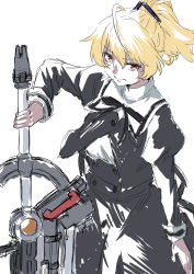 Rule 34 | 1girl, absurdres, ahoge, andou tazusa, arm at side, assault lily, black ribbon, black skirt, blonde hair, buttons, closed mouth, cropped jacket, hair between eyes, hair ribbon, hand up, high-waist skirt, highres, holding, holding weapon, juliet sleeves, kashinoshi, long sleeves, looking at viewer, neck ribbon, ponytail, puffy sleeves, purple ribbon, red eyes, ribbon, school uniform, shirt, short hair, simple background, sketch, skirt, solo, standing, two-tone ribbon, v-shaped eyebrows, weapon, white background, white shirt, yurigaoka girls academy school uniform