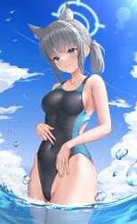 Rule 34 | 1girl, absurdres, animal ear fluff, bird, blue archive, blue eyes, blue sky, breasts, cloud, competition swimsuit, covered navel, cross hair ornament, day, grey hair, hair ornament, halo, highleg, highleg swimsuit, highres, medium breasts, mismatched pupils, ncontrail (mgax7527), one-piece swimsuit, outdoors, ponytail, shiroko (blue archive), shiroko (swimsuit) (blue archive), sky, solo, swimsuit, wading, water, wet