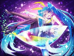 Rule 34 | + +, 1055, 1girl, :d, absurdly long hair, arm up, armpits, bare shoulders, black dress, black footwear, black pantyhose, blue eyes, blue hair, blue nails, dress, full body, hair between eyes, hair ornament, hatsune miku, high heels, highres, long hair, looking at viewer, nail polish, open mouth, pantyhose, shiny skin, shoes, sitting, sleeveless, sleeveless dress, smile, solo, twintails, very long hair, vocaloid, wrist cuffs