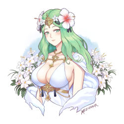 Rule 34 | 1girl, artist name, breasts, cape, cleavage, closed mouth, collarbone, commentary, english commentary, female focus, fire emblem, fire emblem: three houses, fire emblem heroes, flower, green eyes, green hair, hair flower, hair ornament, jewelry, large breasts, lips, long hair, matching hair/eyes, meziosaur, nintendo, official alternate costume, pink lips, rhea (fire emblem), signature, solo, upper body, white cape, white flower