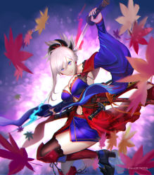 Rule 34 | 1girl, absurdres, black thighhighs, blue eyes, blue kimono, breasts, clothing cutout, dual wielding, fate/grand order, fate (series), grey hair, hair ornament, highres, holding, holding sword, holding weapon, japanese clothes, katana, kimono, large breasts, miyamoto musashi (fate), miyamoto musashi (third ascension) (fate), navel cutout, obi, ponytail, ri-ko, sash, single sidelock, solo, swept bangs, sword, thighhighs, weapon, wide sleeves